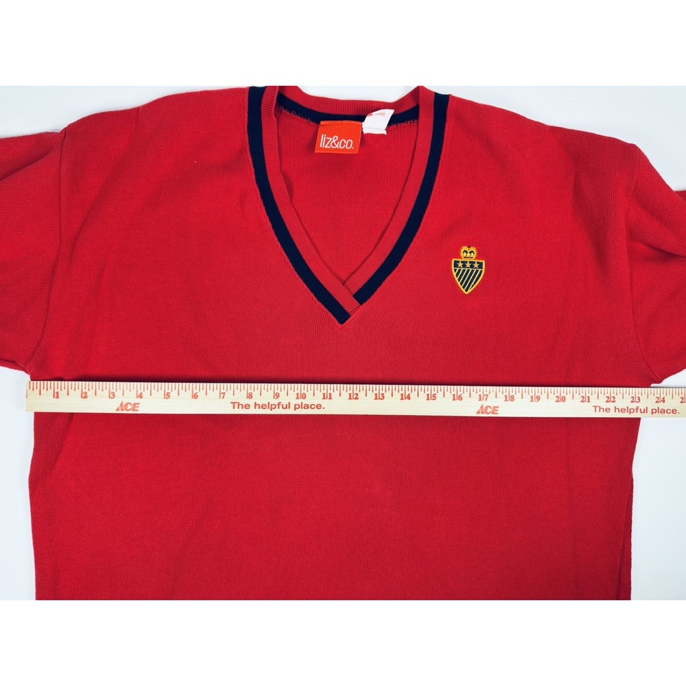 Vintage Preppy V Neck Sweater Womens Red Medium Cotton Crest Varsity USA Tennis - Picture 10 of 13